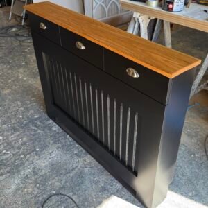 Radiator cabinet with drawers and solid Teak Oak Top, Image is Black