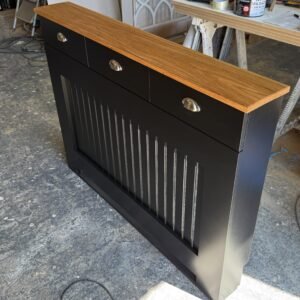 Radiator cabinet with drawers and solid Teak Oak Top, Image is Black