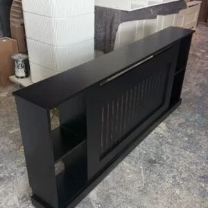 Black Radiator Cover With Wide Shelves, Vertical Slat Design