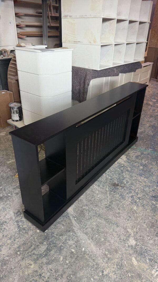 Black Radiator Cover With Wide Shelves, Vertical Slat Design