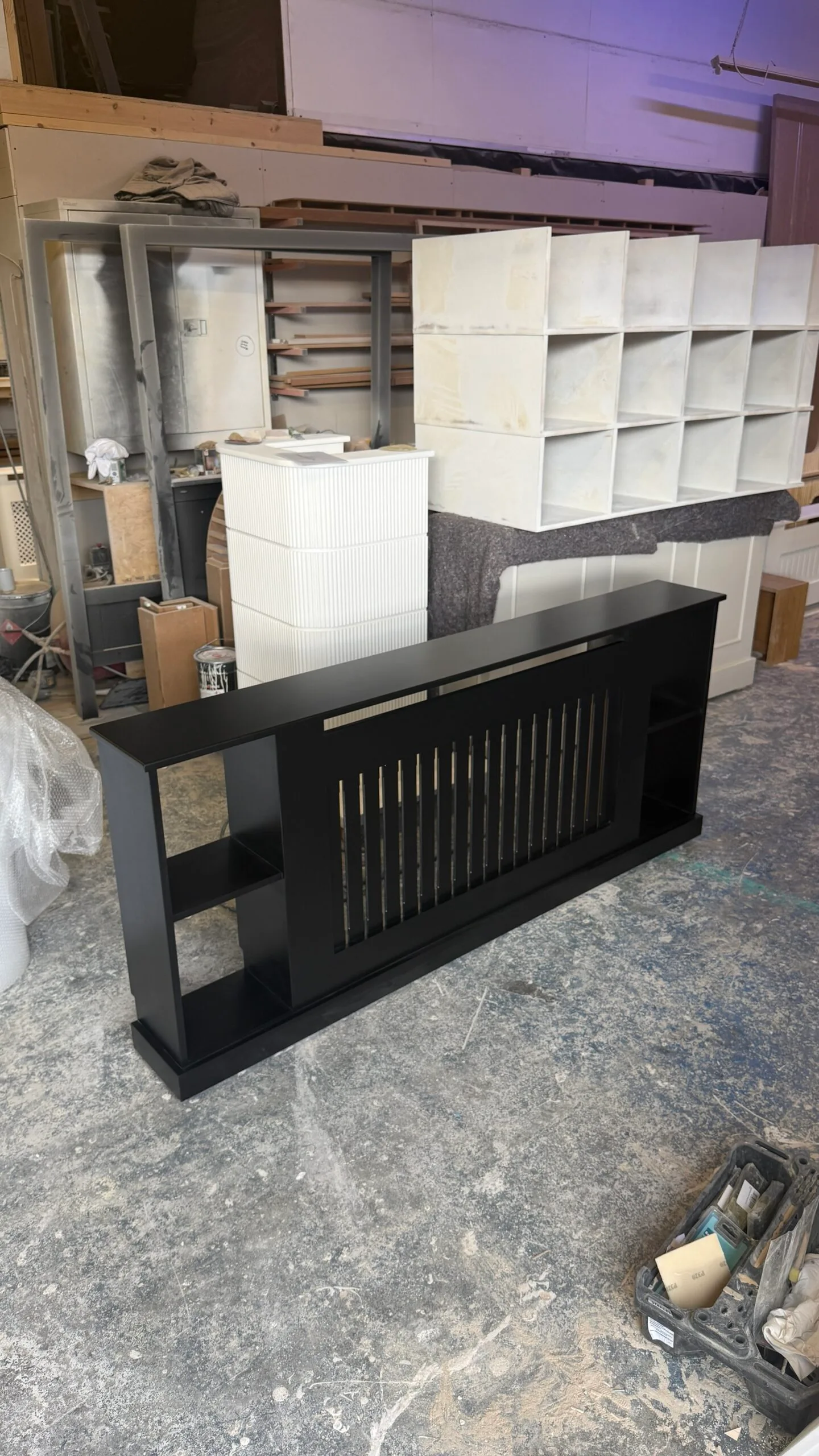 Black Radiator Cover With Wide Shelves, Vertical Slat Design - Image 3