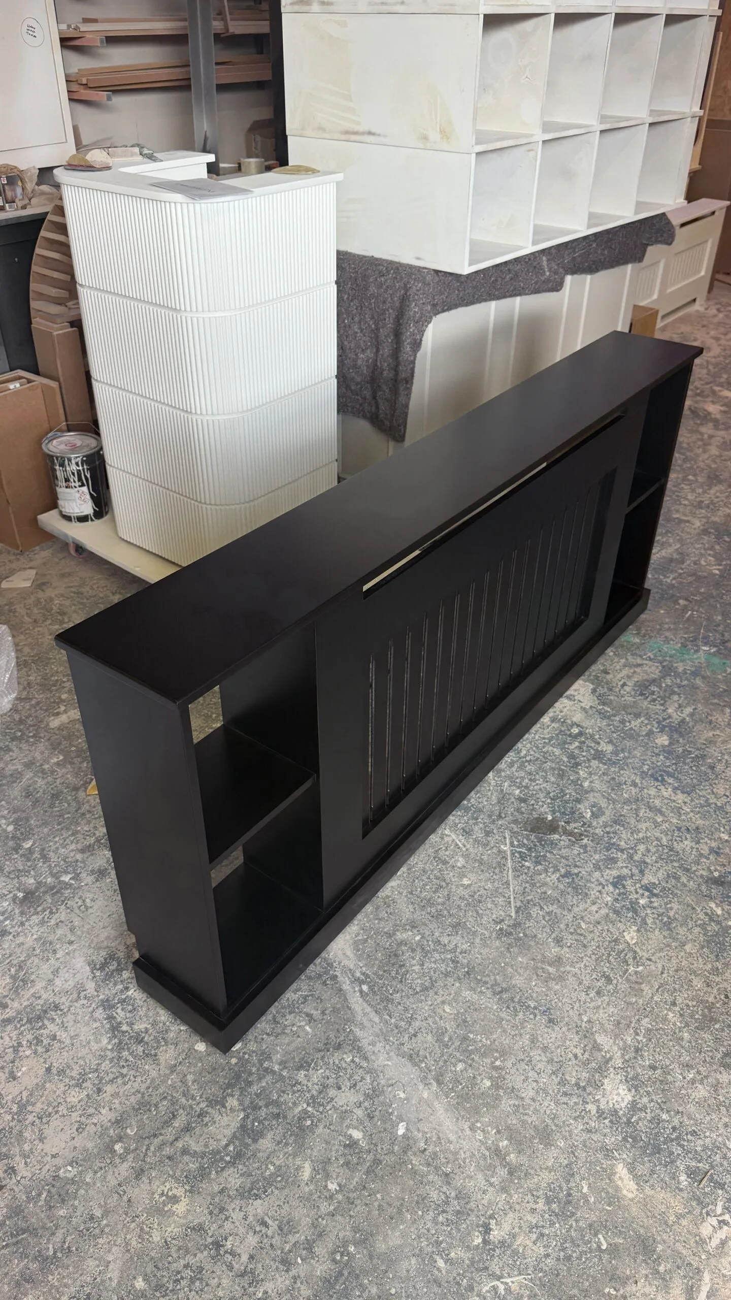 Black Radiator Cover With Wide Shelves, Vertical Slat Design