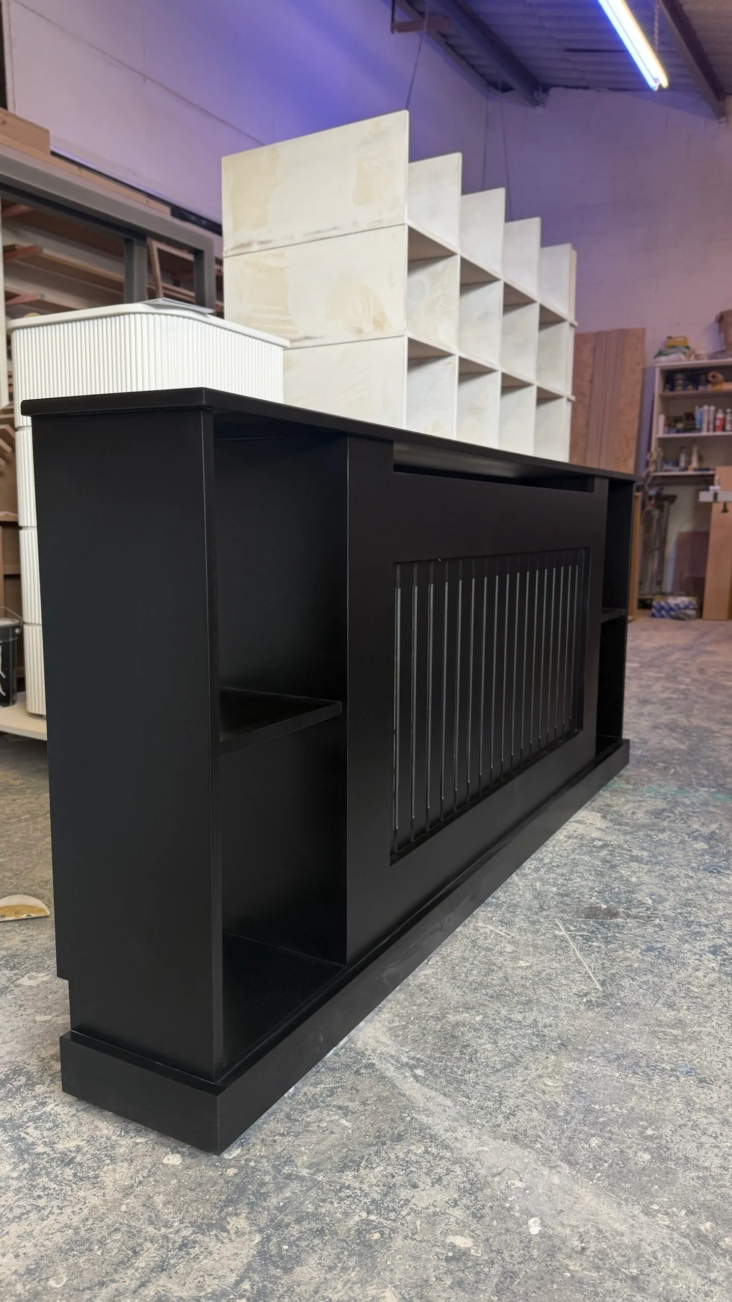 Black Radiator Cover With Wide Shelves, Vertical Slat Design - Image 2