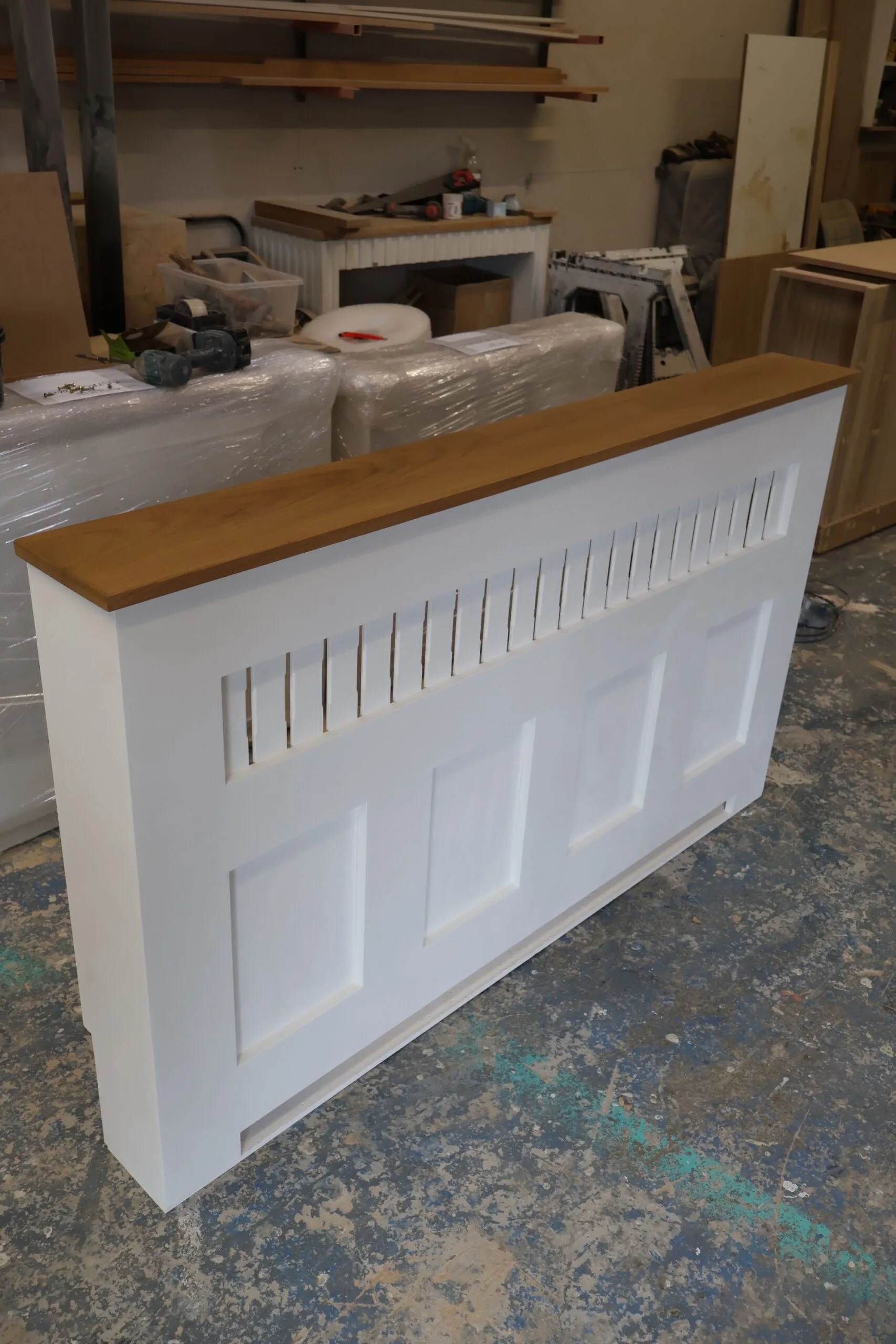 img_2433 Handmade Radiator Cabinet, Panel Design, White with Solid oak top