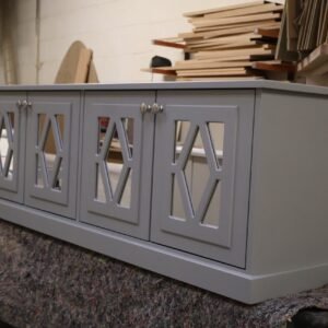 Bespoke grey mirrored sideboard with diamond fretwork and luxury media unit styling