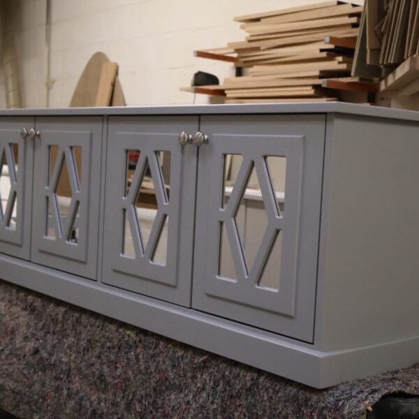 Bespoke grey mirrored sideboard with diamond fretwork and luxury media unit styling
