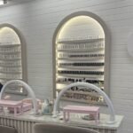 Slimline Curved Wall Display, Bespoke Curved Display with LED lighting, Nail Gel Display, Skimming Stone