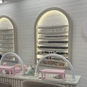 Slimline Curved Wall Display, Bespoke Curved Display with LED lighting, Nail Gel Display, Skimming Stone