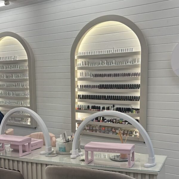 Slimline Curved Wall Display, Bespoke Curved Display with LED lighting, Nail Gel Display, Skimming Stone
