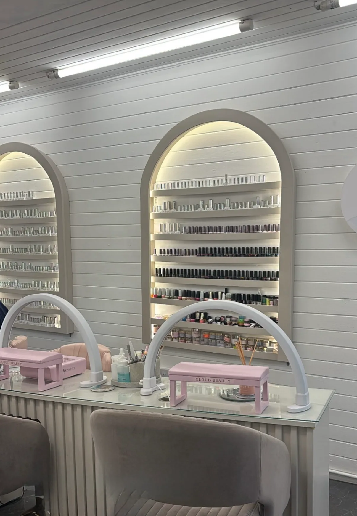 Slimline Curved Wall Display, Bespoke Curved Display with LED lighting, Nail Gel Display, Skimming Stone