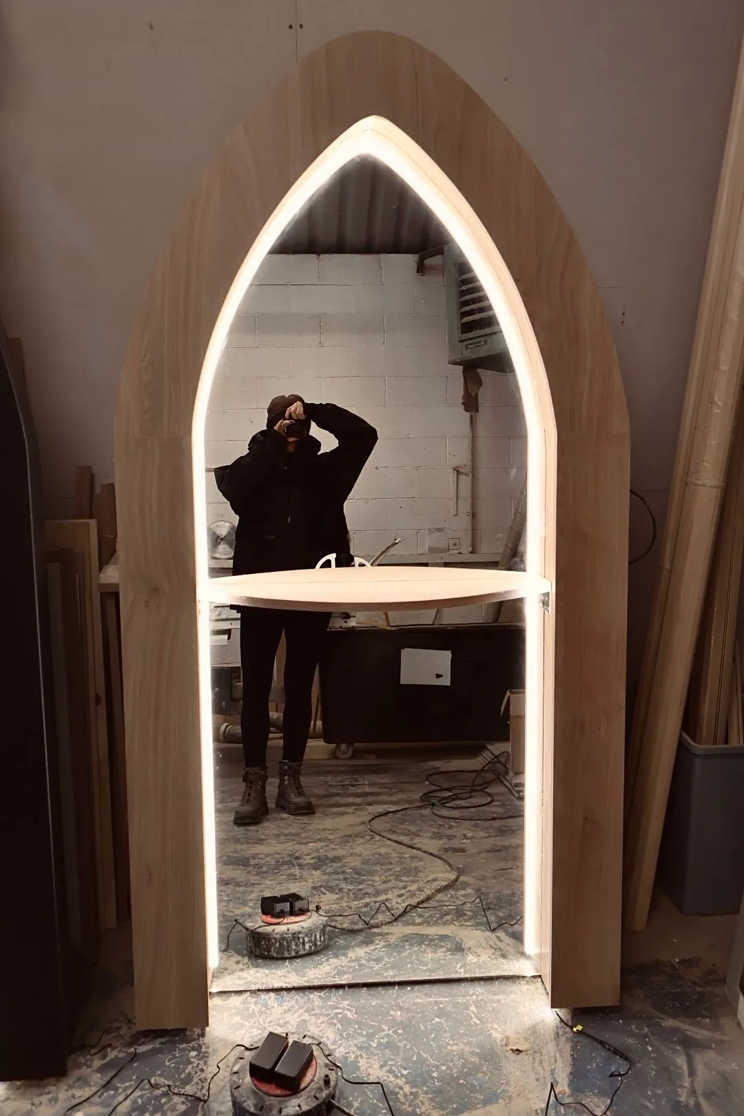 Luminous Arch Salon Mirror with Shelf