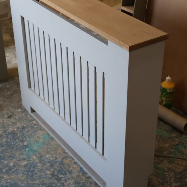 Bespoke white radiator cover with natural solid oak top and vertical slats