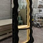 Black Velvet Curvy Wavy Floor Mirror – Professional Salon Vanity & Storage Unit