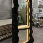 Black Velvet Curvy Wavy Floor Mirror – Professional Salon Vanity & Storage Unit