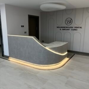 Curved Reception Desk with Laminate Finish and Solid Corian Top