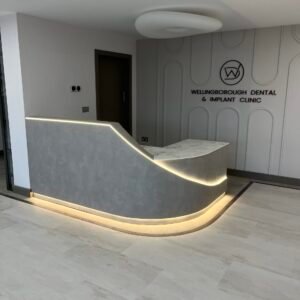 Curved Reception Desk with Laminate Finish and Solid Corian Top