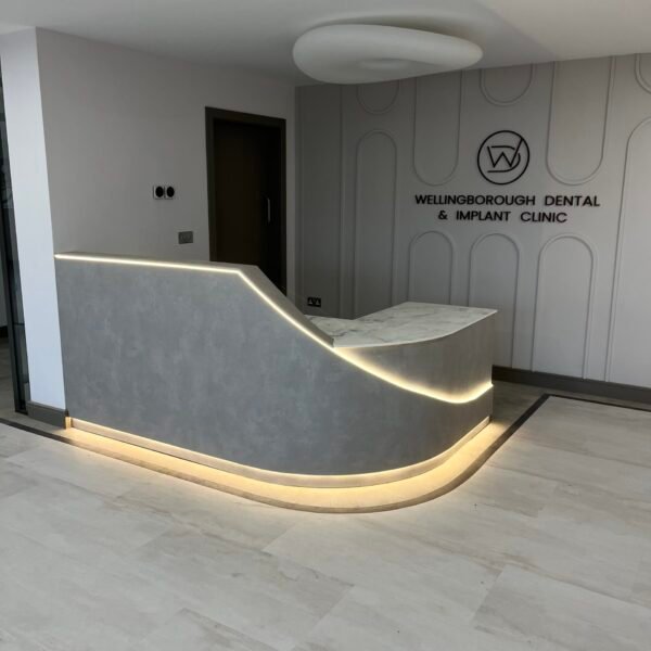 Curved Reception Desk with Laminate Finish and Solid Corian Top