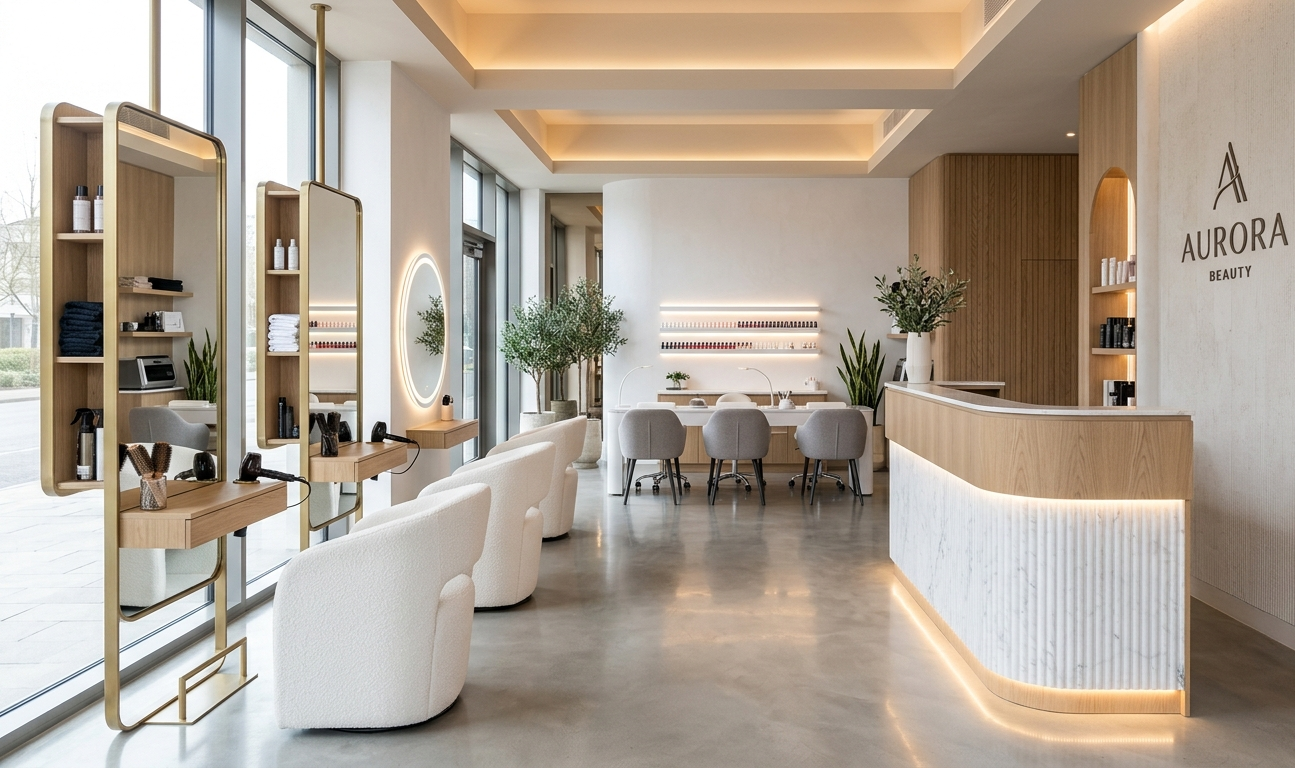 Bespoke salon furniture UK — handcrafted reception desk, nail desks and salon mirrors by AUUnique