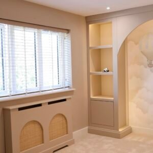 "Elegant radiator cover with curved rattan inserts for a stylish fitted interior