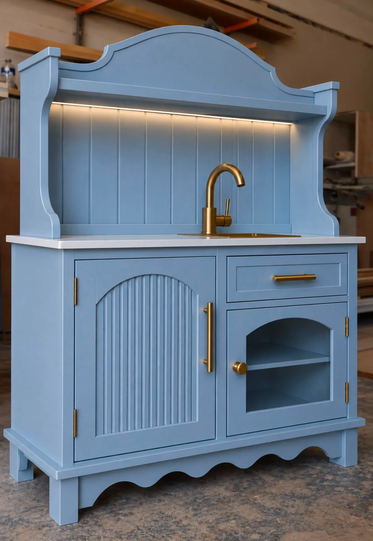 Powder blue bespoke wooden children's play kitchen with brass sink, mixer tap, LED under-shelf lighting, and arched cabinet door