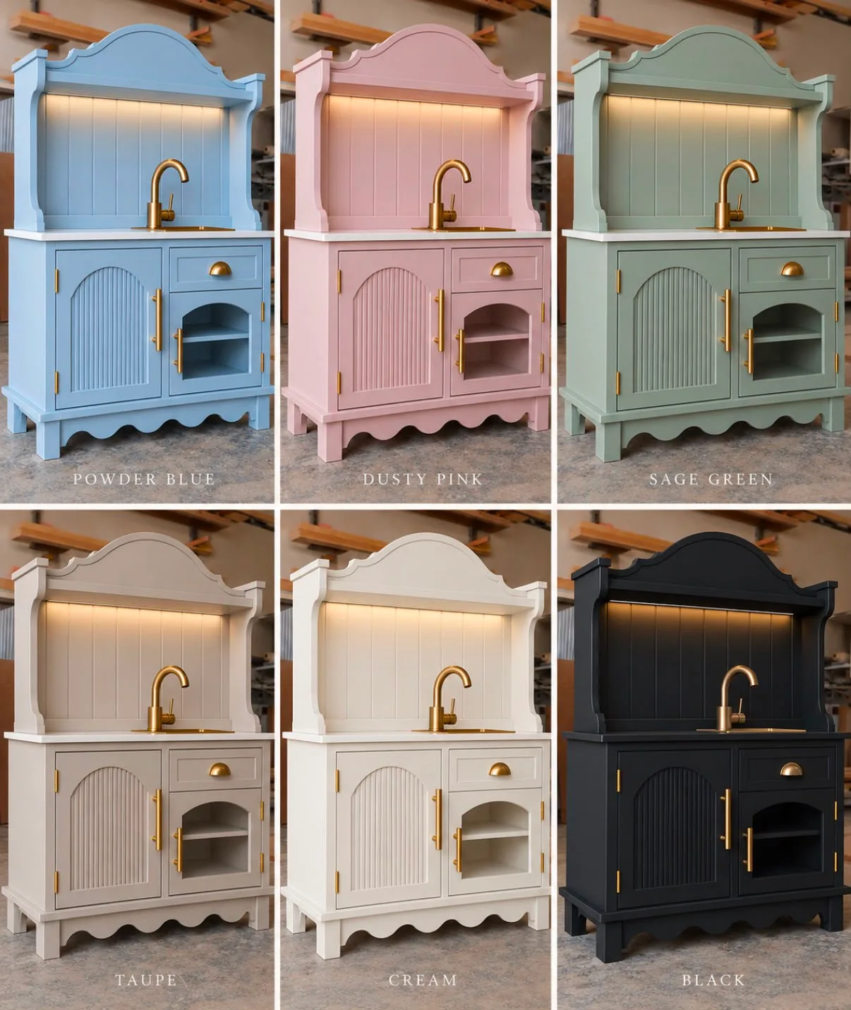 Colour choices for bespoke wooden kids play kitchens including powder blue, dusty pink, sage green, taupe, cream, and black