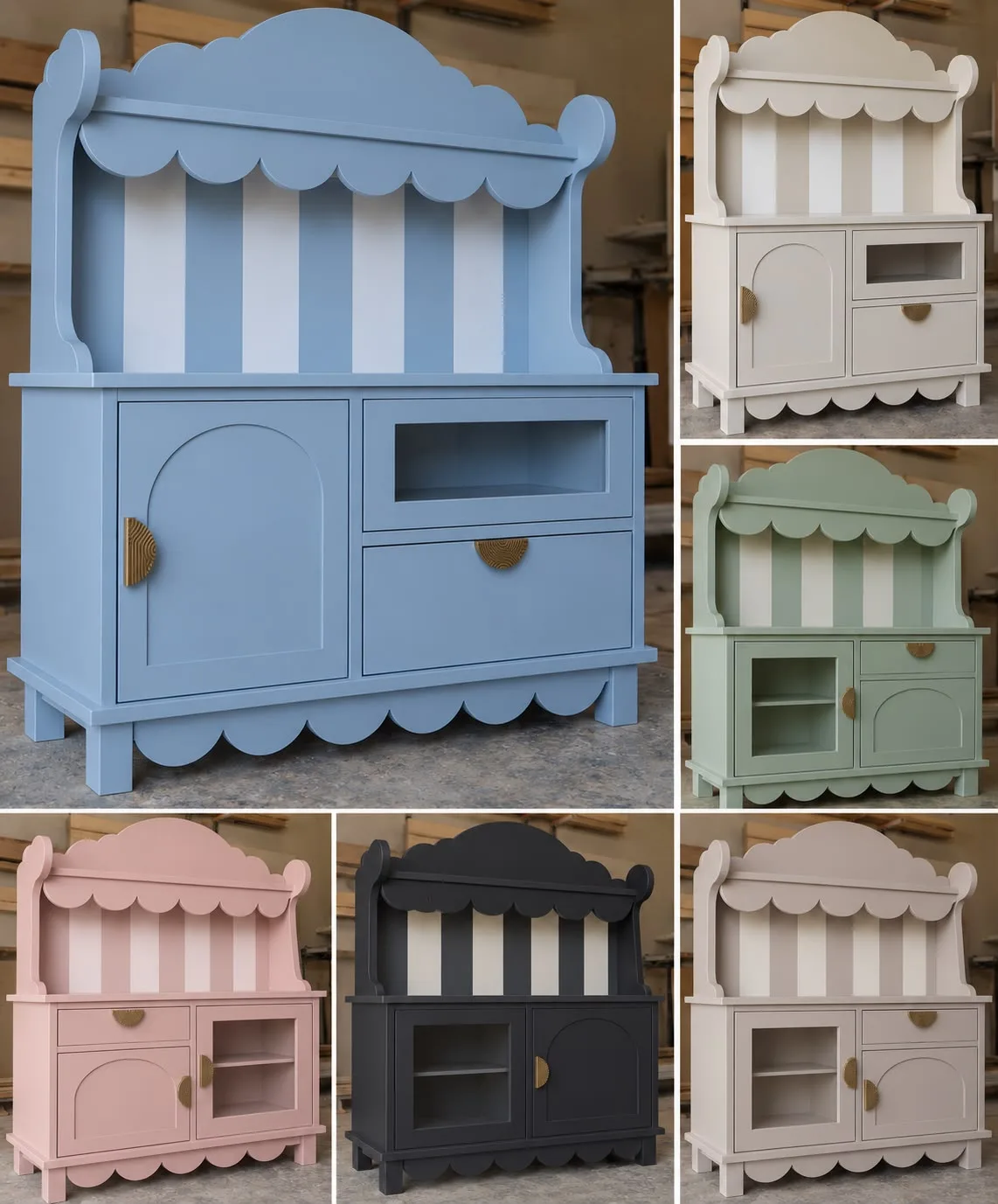 Range of custom painted finishes for wooden children's play dressers in blue, cream, green, pink, black, and taupe