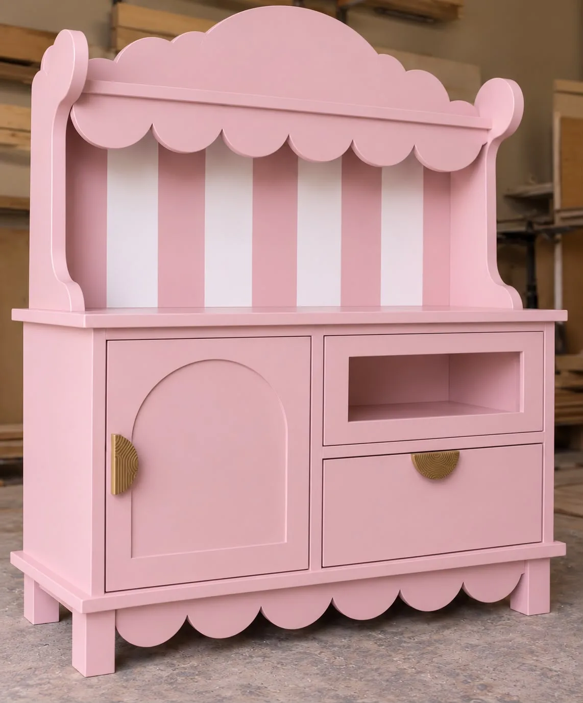 Blue wooden scalloped play dresser and storage unit with striped backing, LED lighting, and brass handles for children's rooms