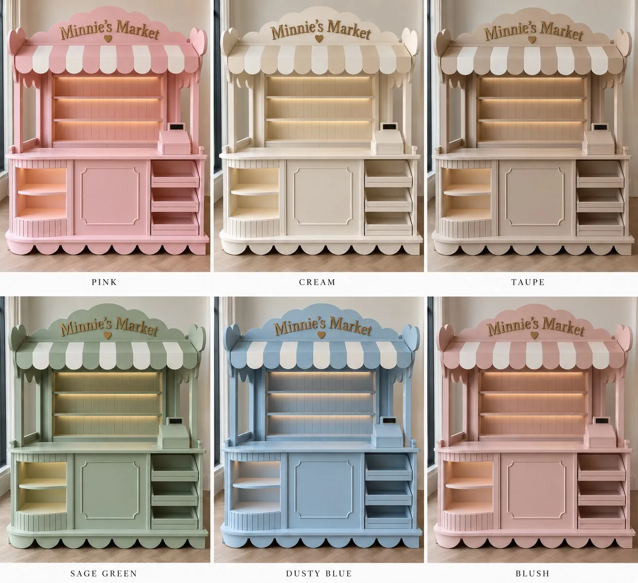 Colour options for bespoke wooden children's market stalls including pink, cream, taupe, sage green, and dusty blue