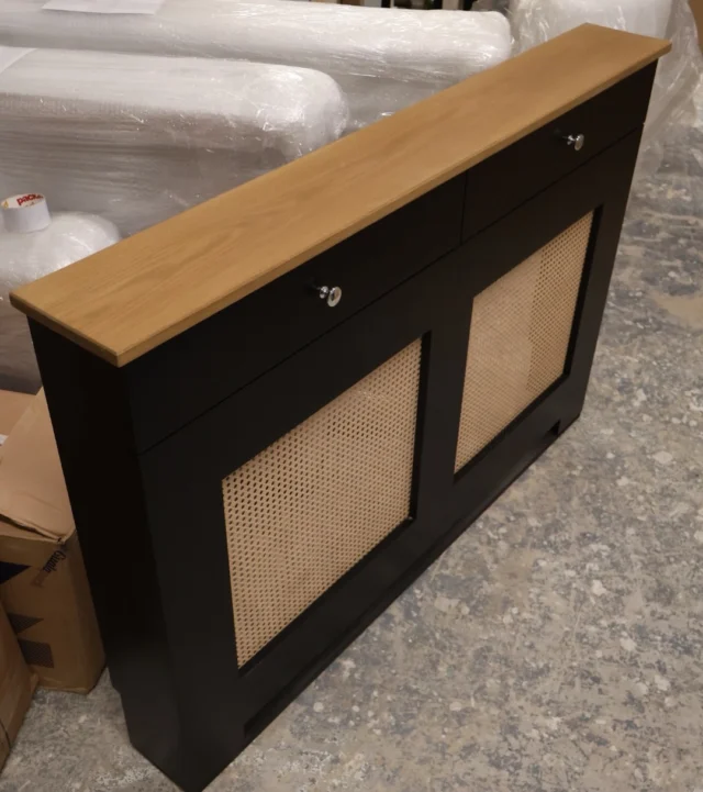 Bespoke radiator cover with functional drawers, rattan grill & solid oak top 👀