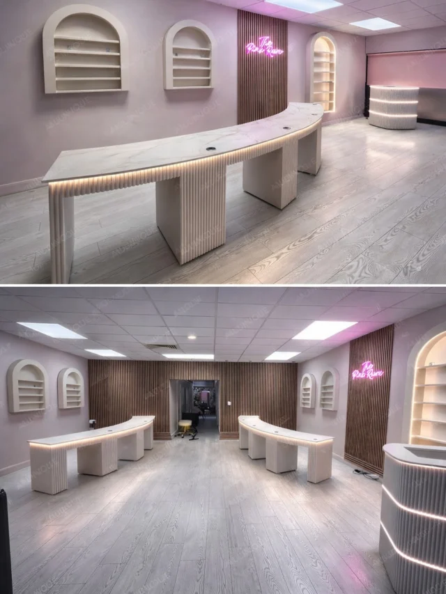 Fitted out @thepinkroomgreatsankey space 🙏🏽 2 4-station curved nail desks, 5 curved displays bespoke pedicure station and reception desk. Solid corian tops high end alternative to glass 👏🏽