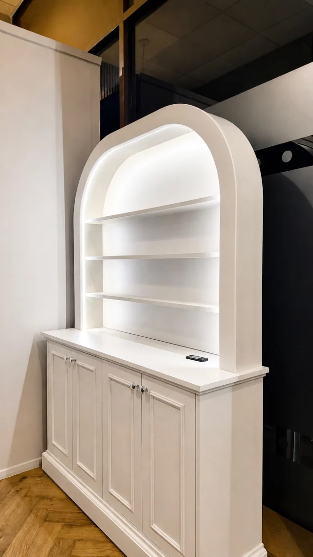 Bespoke cabinet with curved display & LED lights, Finished in Sunday Soul by COAT 🩶
